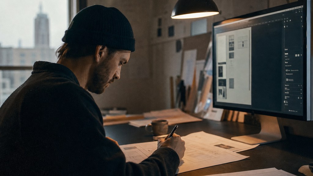 A studio designer sketching a page layout on paper beside a monitor in a dim room, photographed in Wichita