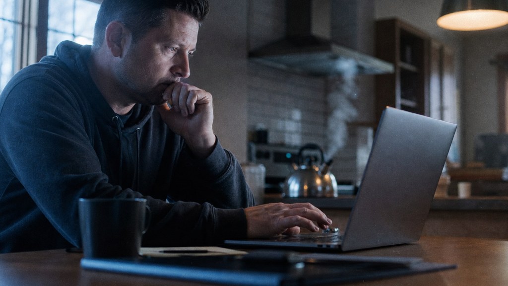 A service-business owner at a kitchen table typing a question into a laptop while a kettle steams behind, photographed in Wichita