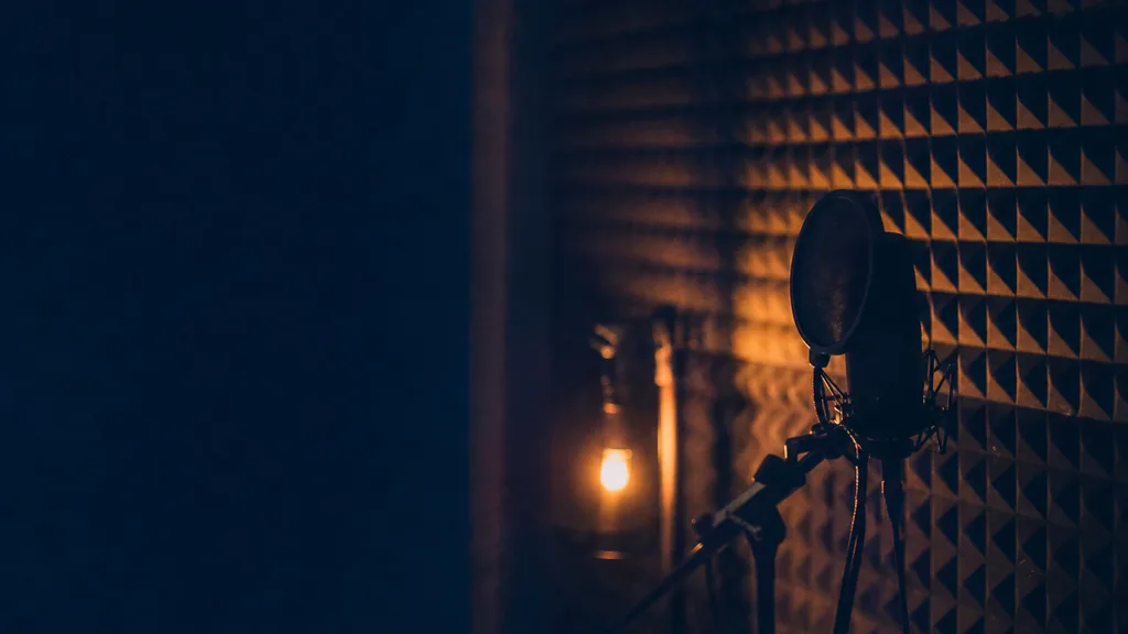 Editorial photograph of an empty podcast studio in a Jacksonville Florida riverside office with two microphones on boom arms, a camera on a tripod and dark acoustic panels, lit by warm humid afternoon light through a wide window