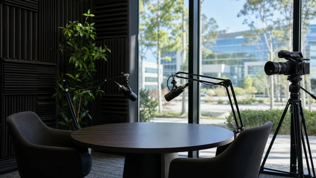 Editorial photograph of an empty podcast studio in a modern Orange County California business park with two microphones on boom arms, a camera on a tripod and dark acoustic panels, lit by bright clean southern California daylight through floor to ceiling glass