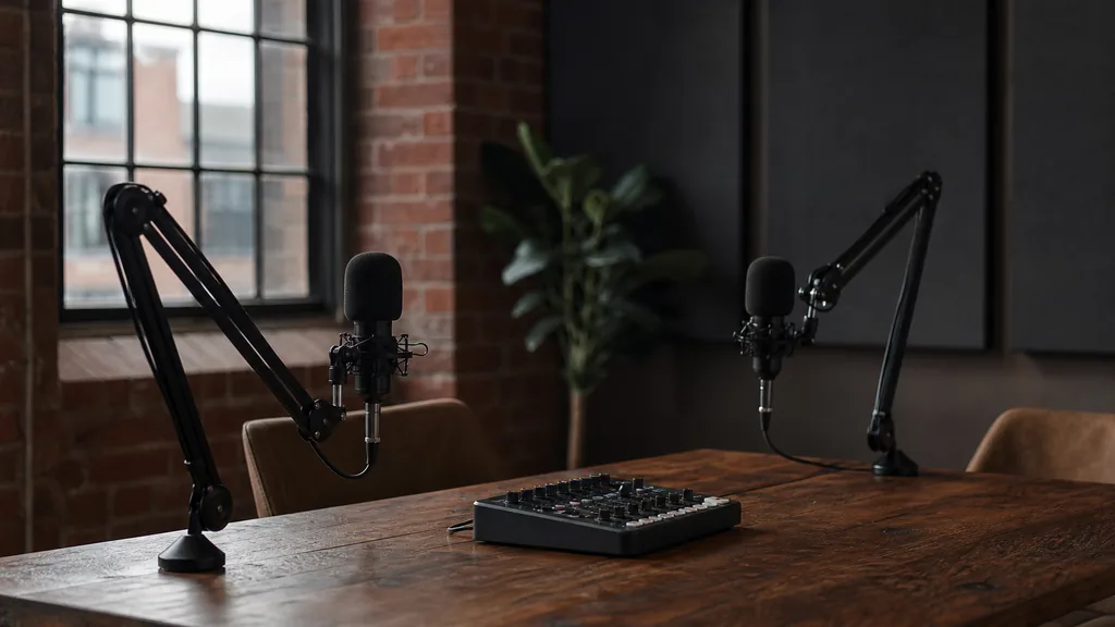 Editorial photograph of an empty podcast studio in a converted Leeds red brick mill with two microphones on boom arms, a small mixer on a wooden table and dark acoustic panels, lit by soft grey northern English daylight through a tall industrial window