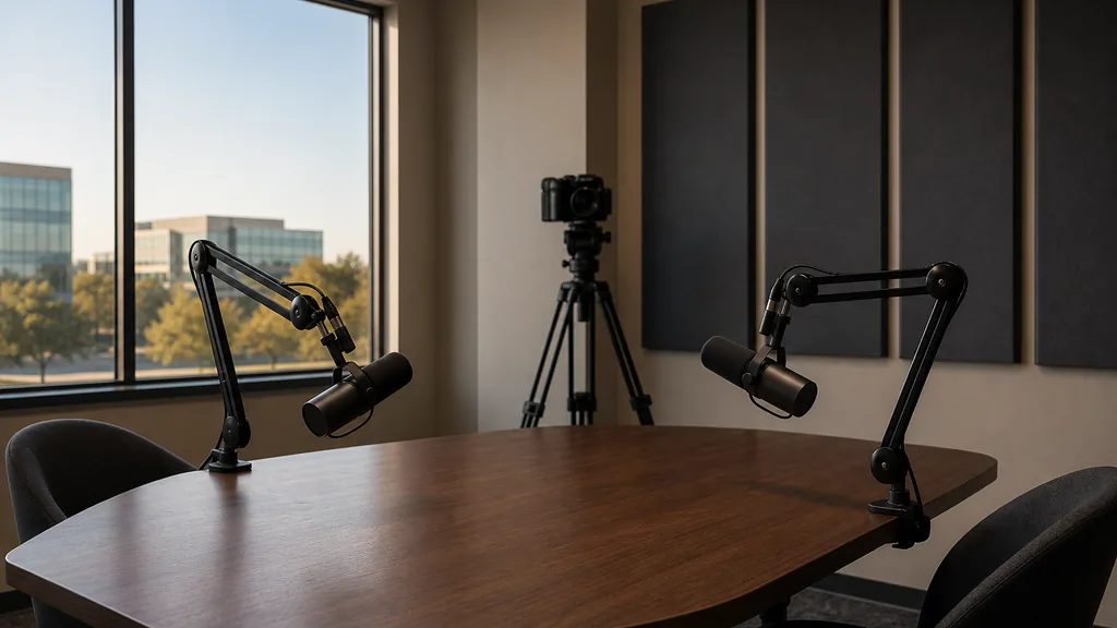 Editorial photograph of an empty podcast studio in a Plano Texas suburban office park suite with two microphones on boom arms, a camera on a tripod and dark acoustic panels, lit by warm late afternoon north Texas light through a wide window