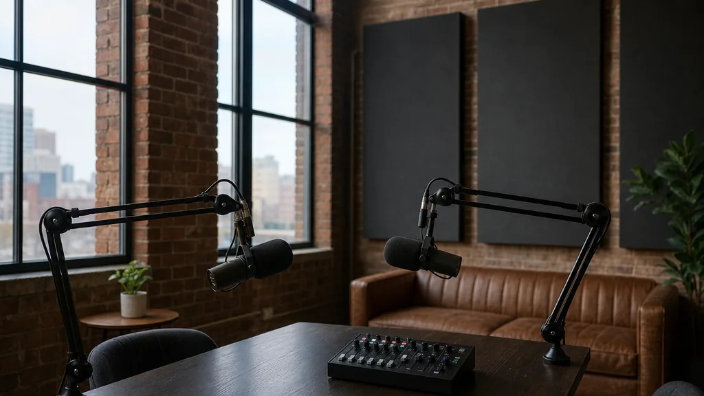 Editorial photograph of an empty podcast studio in a converted downtown St Louis brick warehouse with two microphones on boom arms, a small mixer on a table and dark acoustic panels, lit by soft midwestern daylight through tall arched windows