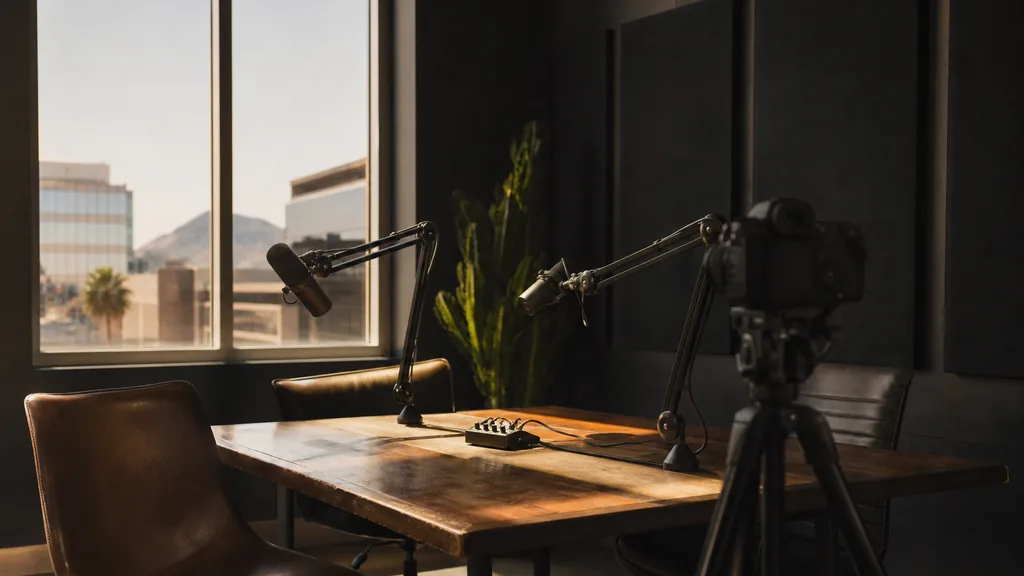 Editorial photograph of an empty podcast studio in a Tucson Arizona downtown building with two microphones on boom arms, a camera on a tripod and dark acoustic panels, lit by warm desert afternoon light through a tall window