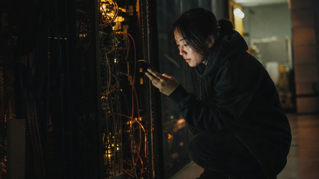 Payments engineer crouched beside a server rack at night reading a phone, amber status lights across her face