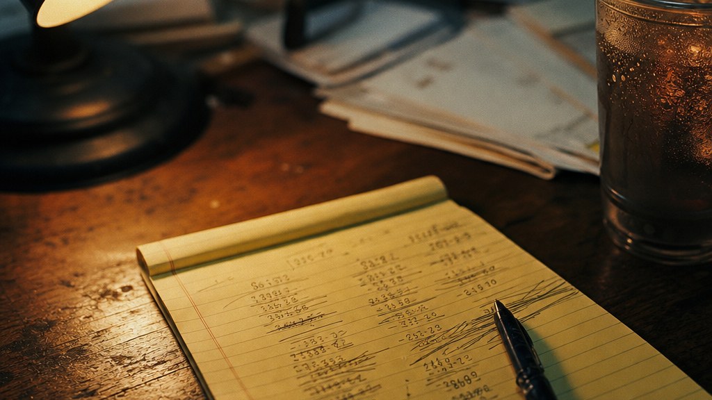 Close crop of a legal pad covered in hand-written retirement figures beside a cold cup of tea on a scratched desk