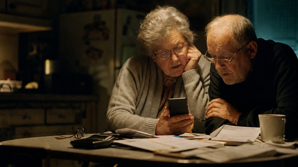 Retired couple at a kitchen table at night reading a phone together, paperwork and a calculator spread between them under a single lamp