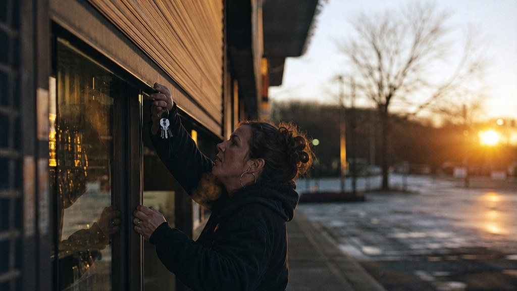 Franchise owner unlocking a shop shutter at dawn in a quiet strip mall, breath visible, keys in hand