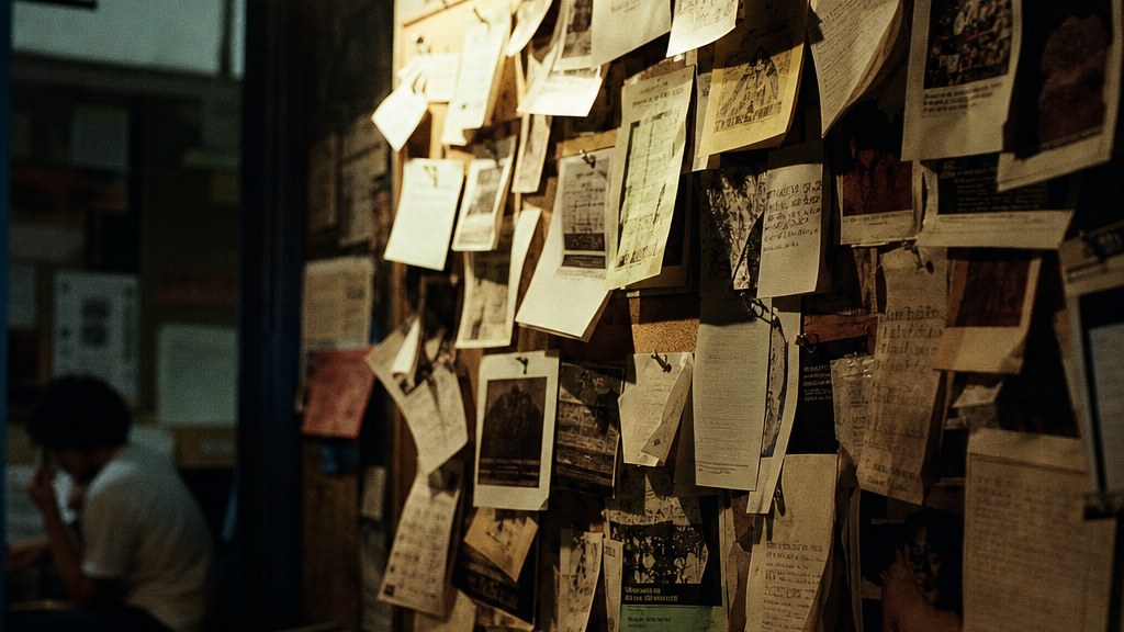 Corkboard in a back office pinned with dozens of local flyers from different towns, curling at the corners under a bare bulb