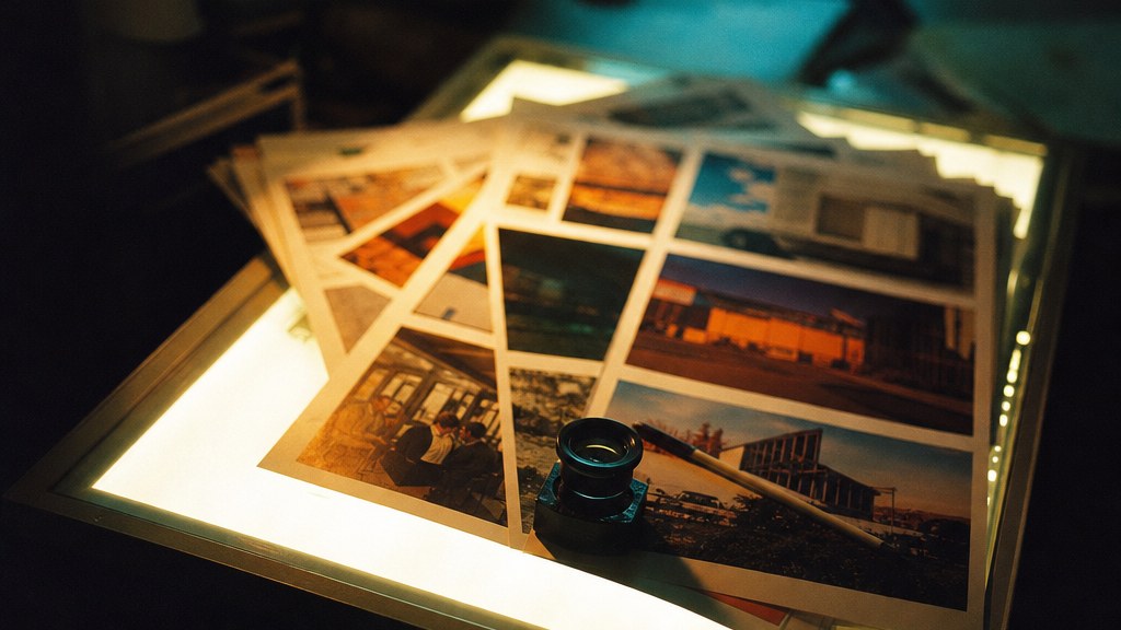 Stack of printed local ad proofs fanned across a light table with a loupe and a grease pencil resting on top