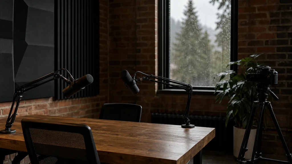 Editorial photograph of an empty podcast studio in a Vancouver British Columbia brick loft with two microphones on boom arms, a camera on a tripod and dark acoustic panels, lit by soft rainy Pacific Northwest daylight through a tall window