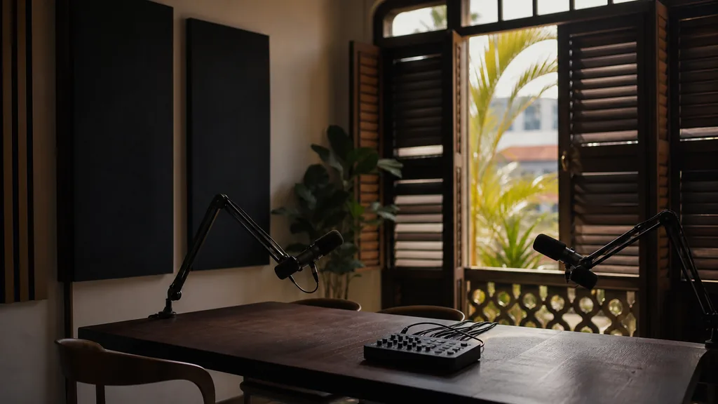 Editorial photograph of an empty podcast studio in a Singapore shophouse conversion with two microphones on boom arms, a small mixer on a table and dark acoustic panels, lit by warm tropical afternoon light through louvred shutters