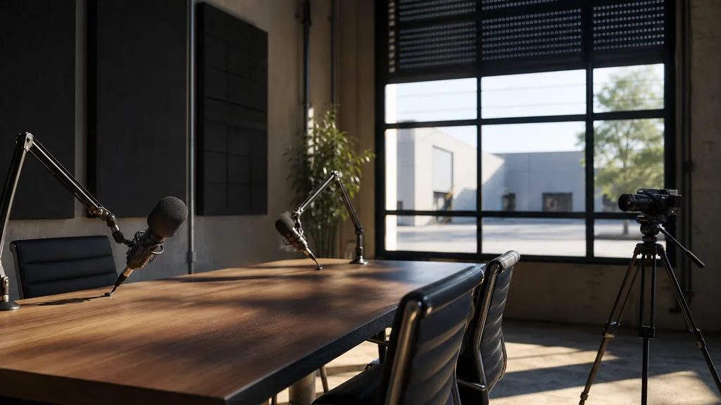 Editorial photograph of an empty podcast studio in a Perth Western Australia suburban warehouse unit with two microphones on boom arms, a camera on a tripod and dark acoustic panels, lit by bright hard Australian afternoon light through a roller-door window