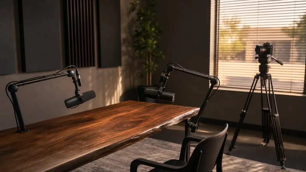 Editorial photograph of an empty podcast studio in a Mesa Arizona commercial suite with two microphones on boom arms, a camera on a tripod and dark acoustic panels, lit by warm dry desert light through a slatted blind