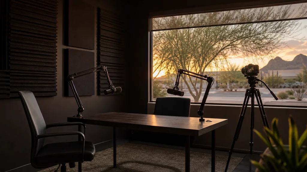 Editorial photograph of an empty podcast studio in a Scottsdale Arizona modern office suite with two microphones on boom arms, a camera on a tripod and dark acoustic panels, lit by warm evening desert light through a wide window