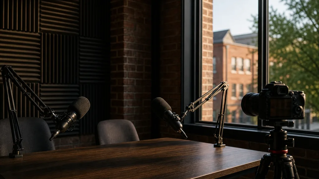 Editorial photograph of an empty podcast studio in a Huntsville Alabama brick building with two microphones on boom arms, a camera on a tripod and dark acoustic panels, lit by warm late afternoon southern light through a wide window
