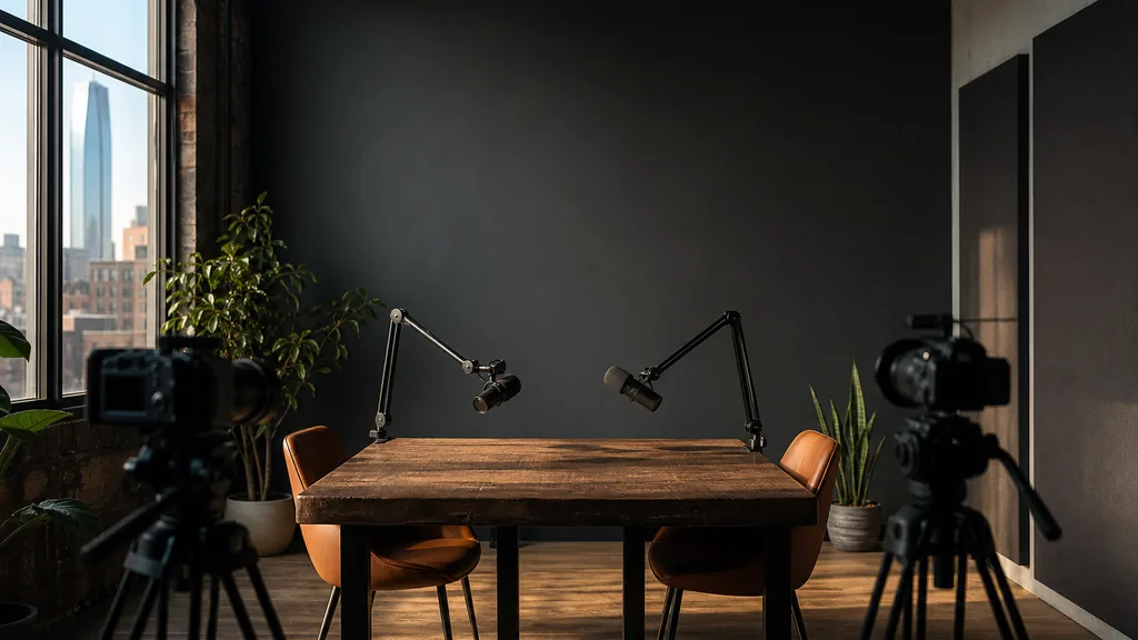 Editorial photograph of an empty video podcast set in a downtown Oklahoma City studio with two microphones on boom arms, two cameras on tripods and a dark cyclorama wall, lit by warm prairie afternoon light through a tall window