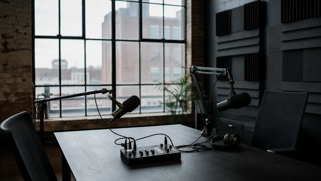 Editorial photograph of an empty podcast studio inside a converted Rochester New York industrial building with two microphones on boom arms, a small mixer on a table and dark acoustic panels, lit by cool northern daylight through tall factory windows