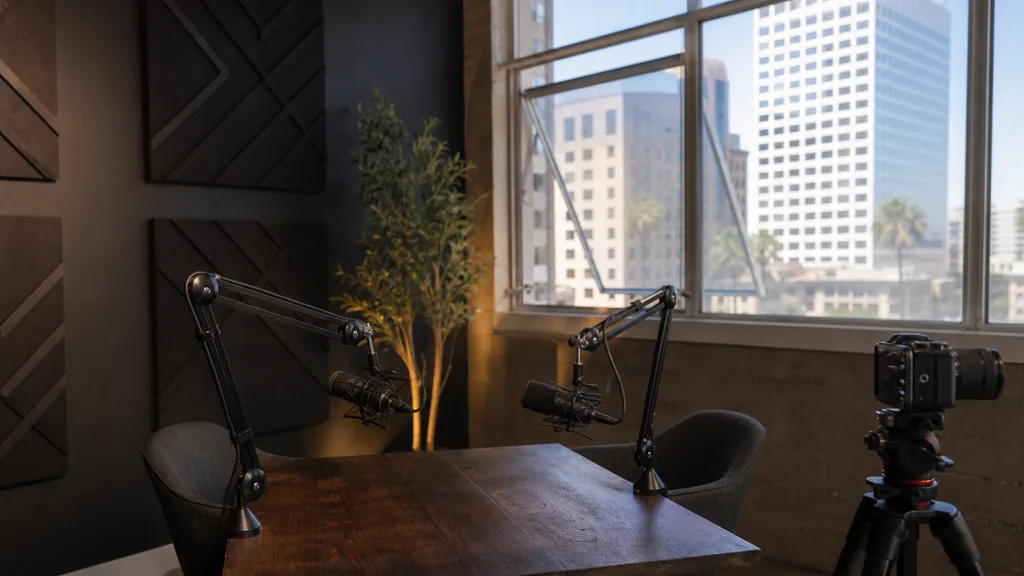 Editorial photograph of an empty podcast studio in a downtown San Jose California loft with two microphones on boom arms, a camera on a tripod and dark acoustic panels, lit by bright California afternoon light through a wide window