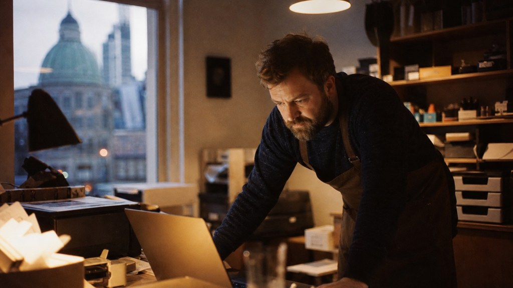 A small-business owner in an apron leaning over a laptop on a cluttered back-office desk late in the day, photographed in Belfast