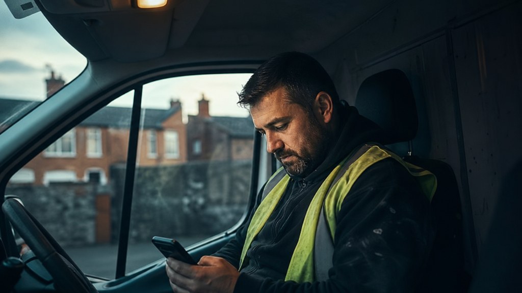 A contractor sitting in the cab of a work van reviewing a phone before driving off, photographed in Belfast