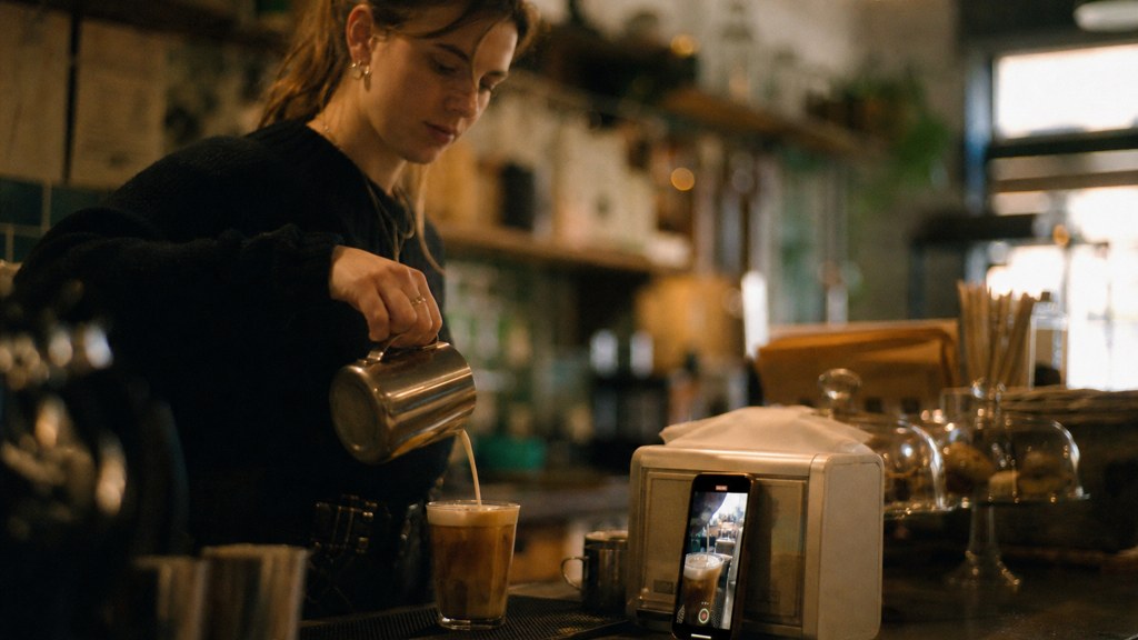 A young cafe worker filming a drink being poured on a phone propped against a napkin holder, photographed in Belfast