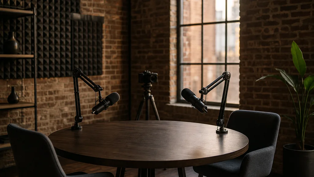 Editorial photograph of an empty podcast studio in a Louisville Kentucky brick warehouse with two microphones on boom arms, a camera on a tripod and dark acoustic panels, lit by warm late afternoon light through a tall window