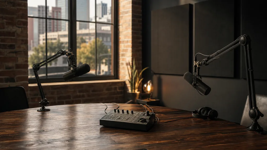 Editorial photograph of an empty podcast studio in a Little Rock Arkansas downtown loft with two microphones on boom arms, a small mixing console and dark acoustic panels, lit by warm southern morning light through a wide window