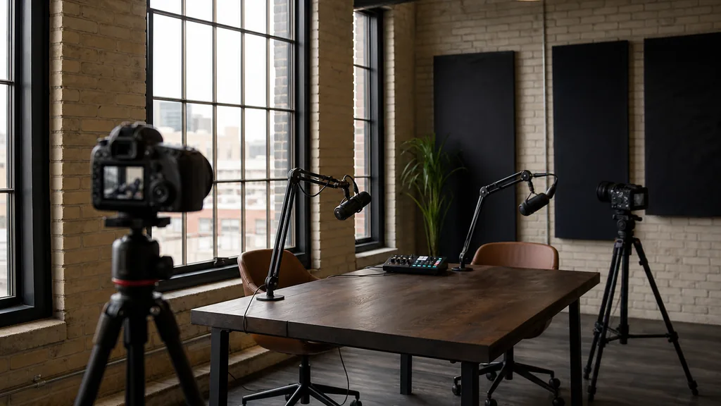 Editorial photograph of an empty podcast studio inside a converted Milwaukee Wisconsin cream brick industrial building with two microphones on boom arms, two cameras on tripods and dark acoustic panels, lit by cool midwestern daylight through tall factory windows