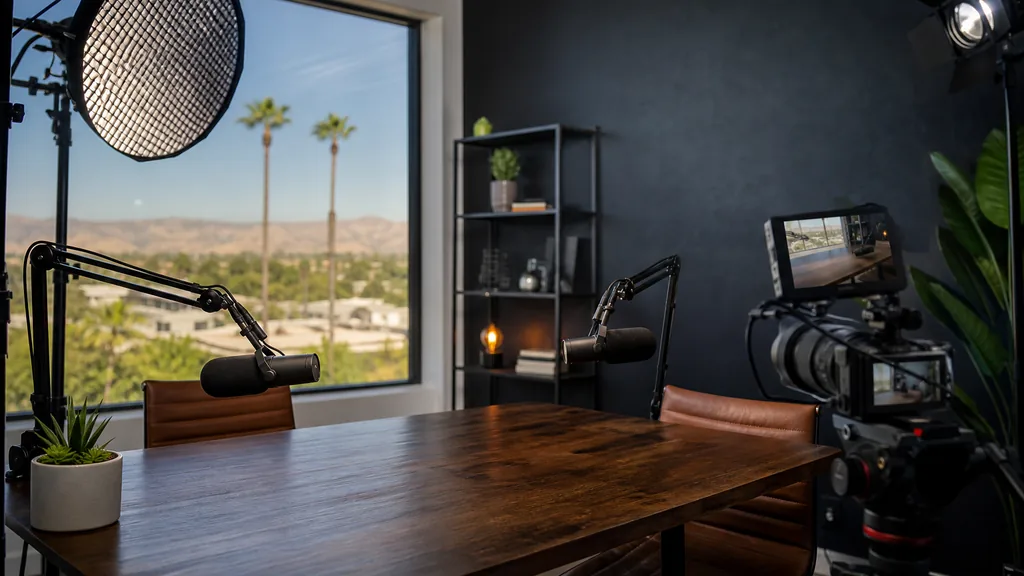 Editorial photograph of an empty podcast studio in a Riverside California space with a dark backdrop wall, two microphones on boom arms, a camera on a tripod and lighting rigs, lit by bright Inland Empire afternoon light through a wide window