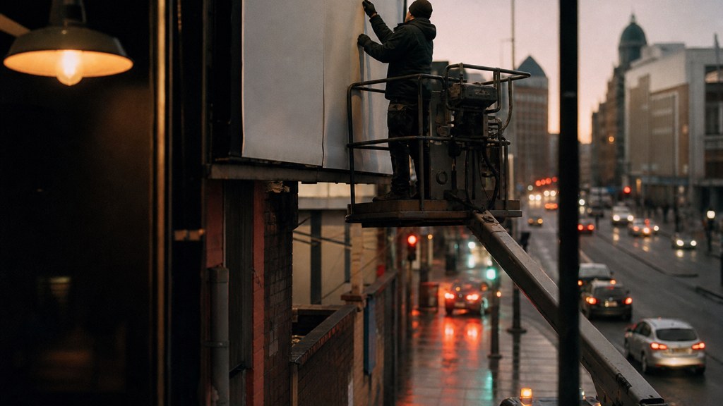 A crew member on a lift installing a blank billboard panel above a busy street, photographed in Belfast