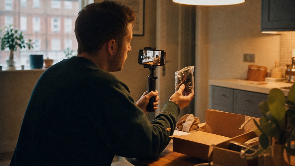 A customer filming an unboxing on a kitchen table strewn with packaging, photographed in Belfast