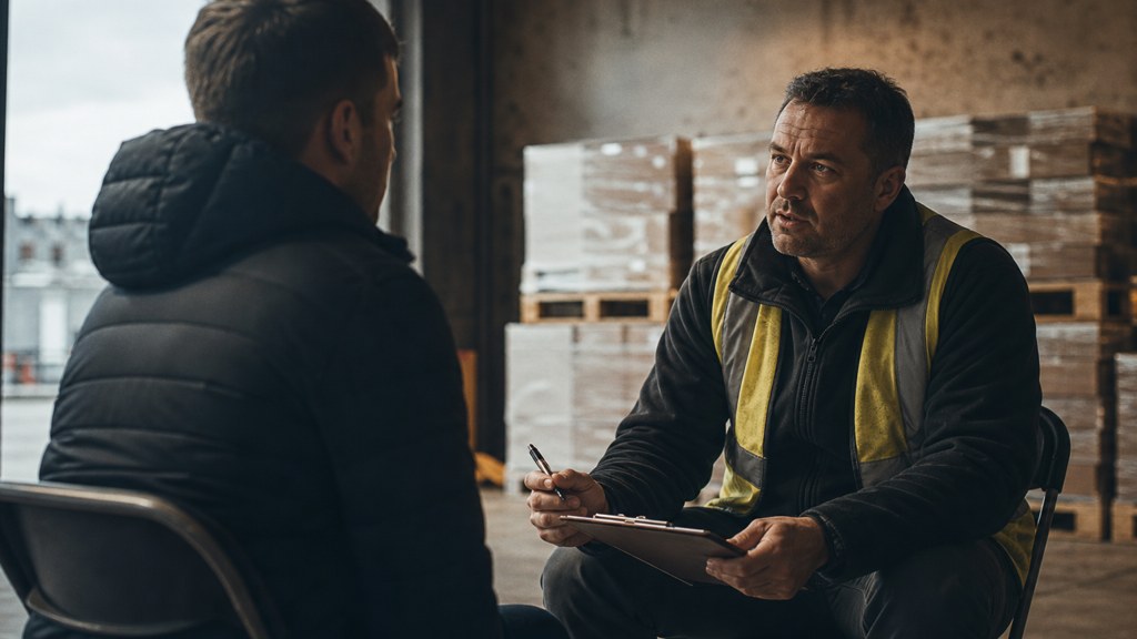 A warehouse supervisor interviewing a candidate on folding chairs beside stacked pallets, photographed in Belfast