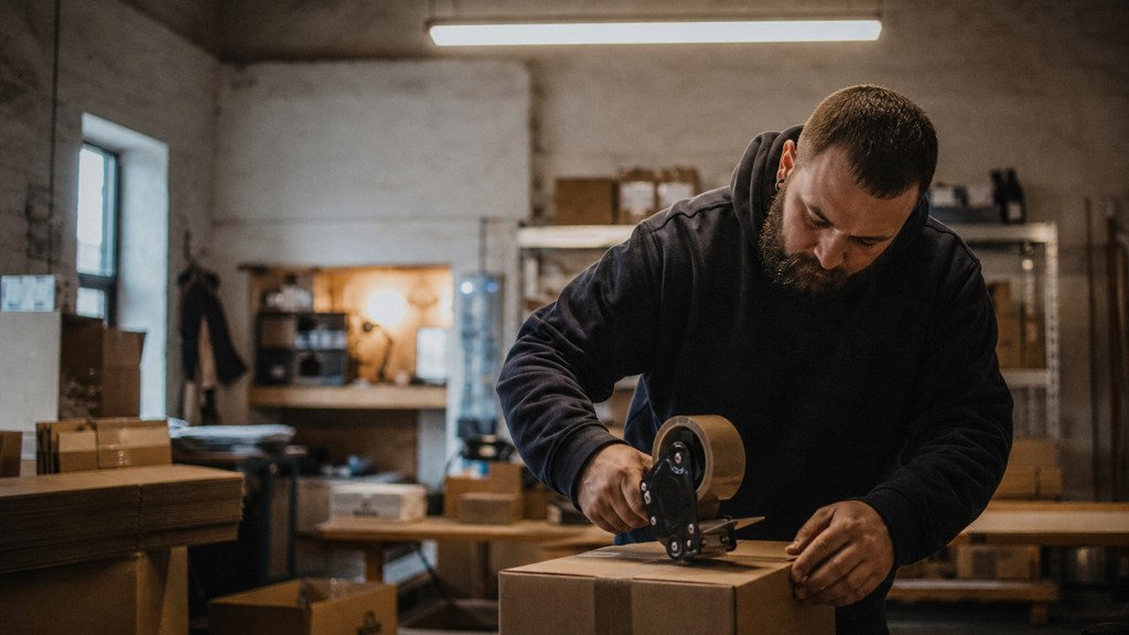 A warehouse worker taping shipping boxes under strip lighting in a small fulfilment room, photographed in Belfast