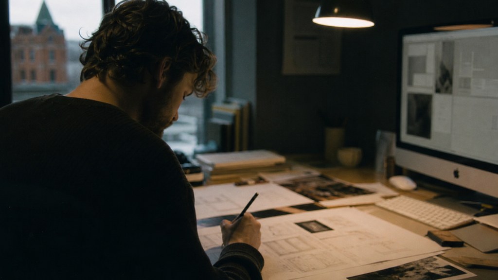 A studio designer sketching a page layout on paper beside a monitor in a dim room, photographed in Belfast