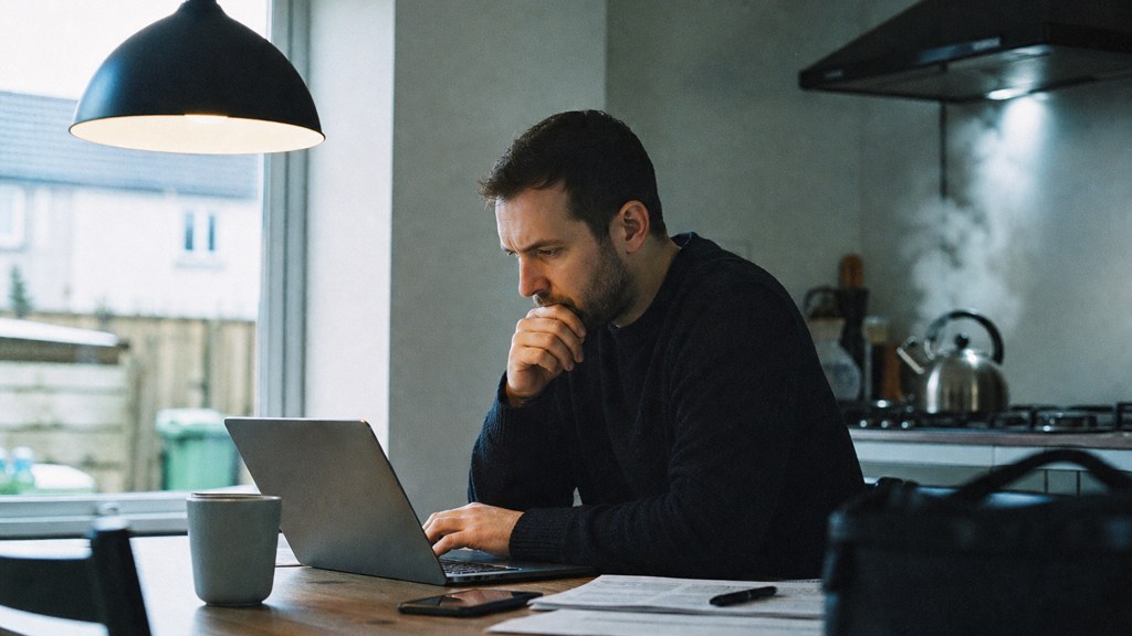 A service-business owner at a kitchen table typing a question into a laptop while a kettle steams behind, photographed in Belfast