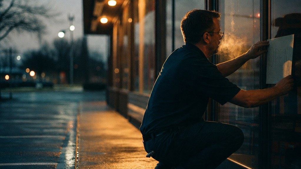 Franchise store manager taping a hand-written open sign to the glass of a strip-mall storefront at dawn