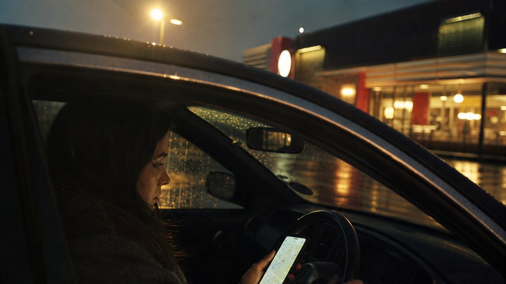 Woman in a parked car outside a franchise outlet in the rain checking a map on her phone