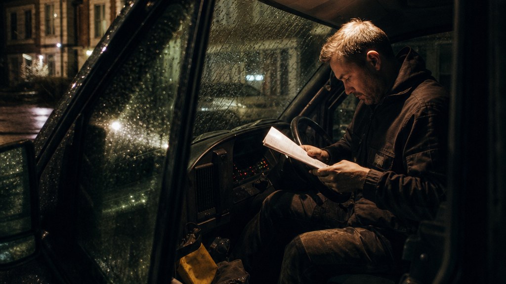 Van driver reading a job ticket under the dome light of a work van parked on a rainy residential street