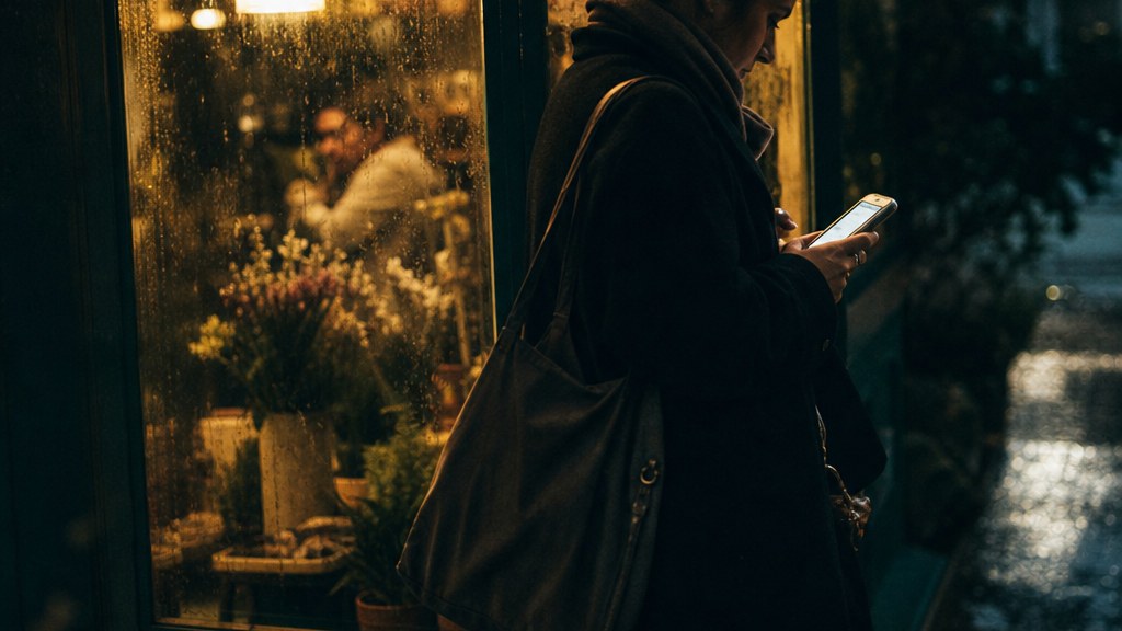 Customer standing in a shop doorway in the rain checking opening hours on a phone