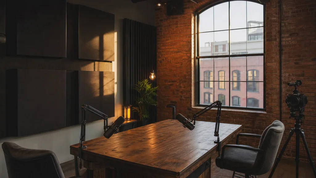 Editorial photograph of an empty podcast studio in a Providence Rhode Island mill building with two microphones on boom arms, a camera on a tripod and dark acoustic panels, lit by warm New England afternoon light through a tall arched window