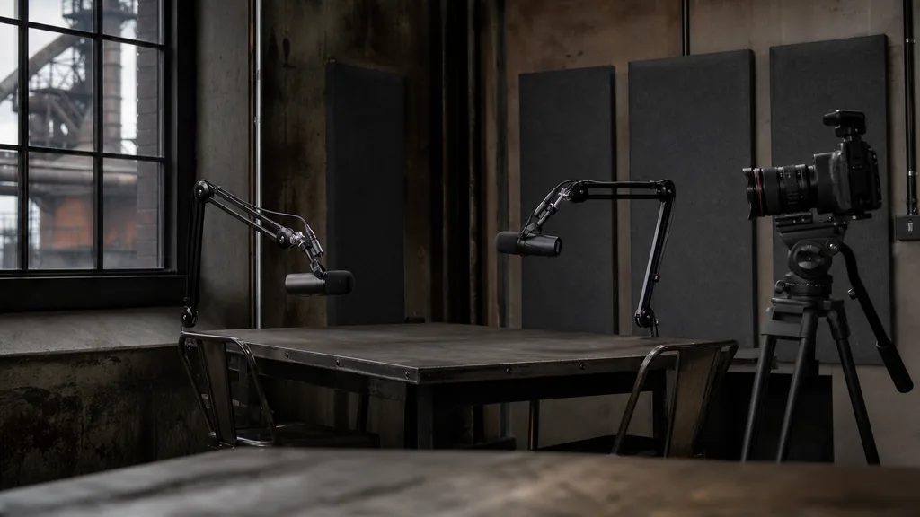 Editorial photograph of an empty podcast studio in a Sheffield converted steelworks workshop with two microphones on boom arms, a cinema camera on a tripod and dark acoustic panels, lit by soft northern grey daylight through steel framed windows