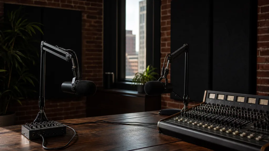 Editorial photograph of an empty podcast studio in a Hartford Connecticut downtown brick building with two microphones on boom arms, a vintage mixing console and dark acoustic panels, lit by cool morning light through a narrow window