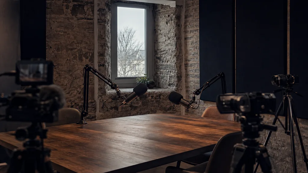 Editorial photograph of an empty podcast studio in a Quebec City stone building with two microphones on boom arms, three cameras on tripods and dark acoustic panels, lit by cold clear winter daylight through a small deep set window