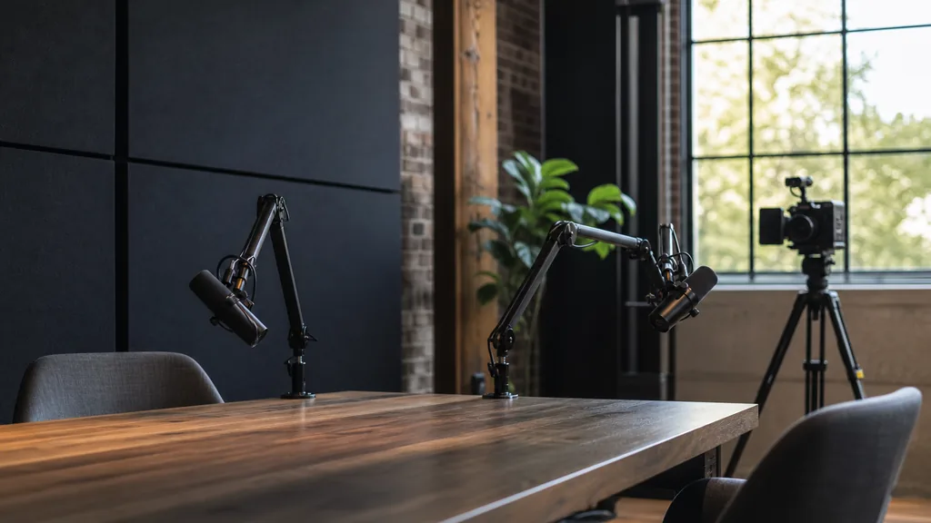 Editorial photograph of an empty podcast studio in a Lexington Kentucky light industrial building with two microphones on boom arms, a camera on a tripod and a dark backdrop wall, lit by warm afternoon light through a wide window