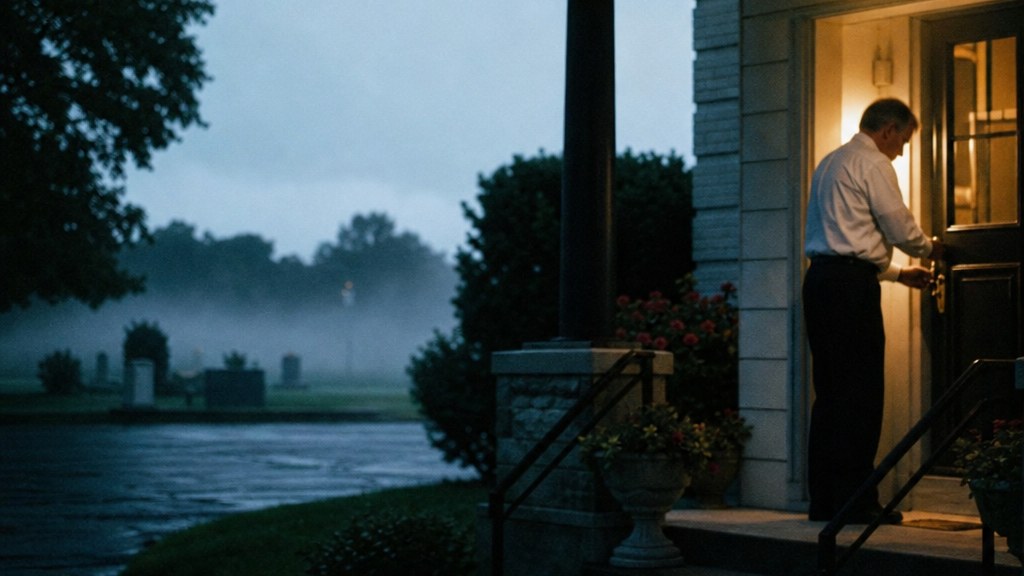 Funeral director unlocking the front door of a small-town funeral home before sunrise with mist on the lawn