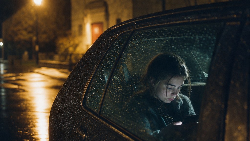 Woman sitting in a parked car outside a chapel at dusk reading her phone in the rain