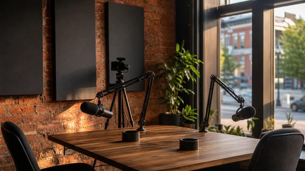 Editorial photograph of an empty podcast studio in a Hamilton Ontario converted brick storefront with two microphones on boom arms, a camera on a tripod and dark acoustic panels, lit by warm late afternoon light through a tall shopfront window