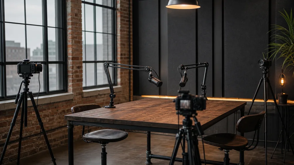 Editorial photograph of an empty podcast studio in a Kitchener Ontario renovated factory loft with two microphones on boom arms, three cameras on tripods, dark acoustic panels and exposed brick, lit by soft overcast daylight through steel framed windows