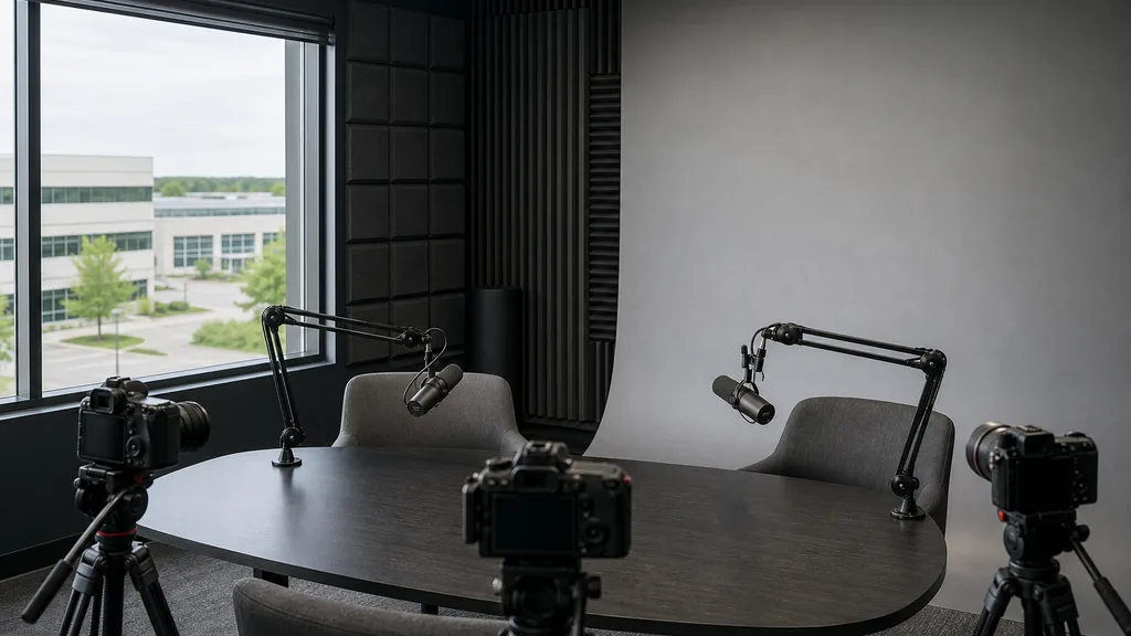 Editorial photograph of an empty podcast studio in a Mississauga Ontario suburban business park with two microphones on boom arms, three cameras on tripods, dark acoustic panels and a grey cyclorama wall, lit by soft neutral daylight